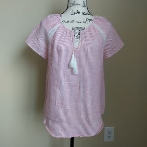 Cremieux linen top pink striped short sleeve tassel popover women's XS